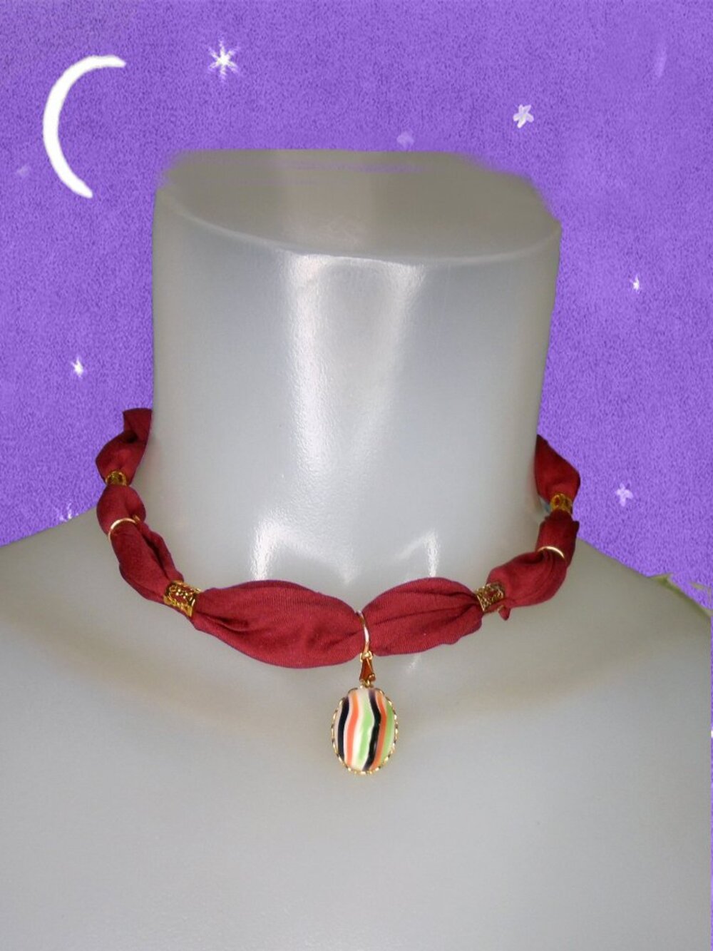 Scarf Choker Necklace with Vintage Glass Cabochon is OOAK - Picture 1 of 9